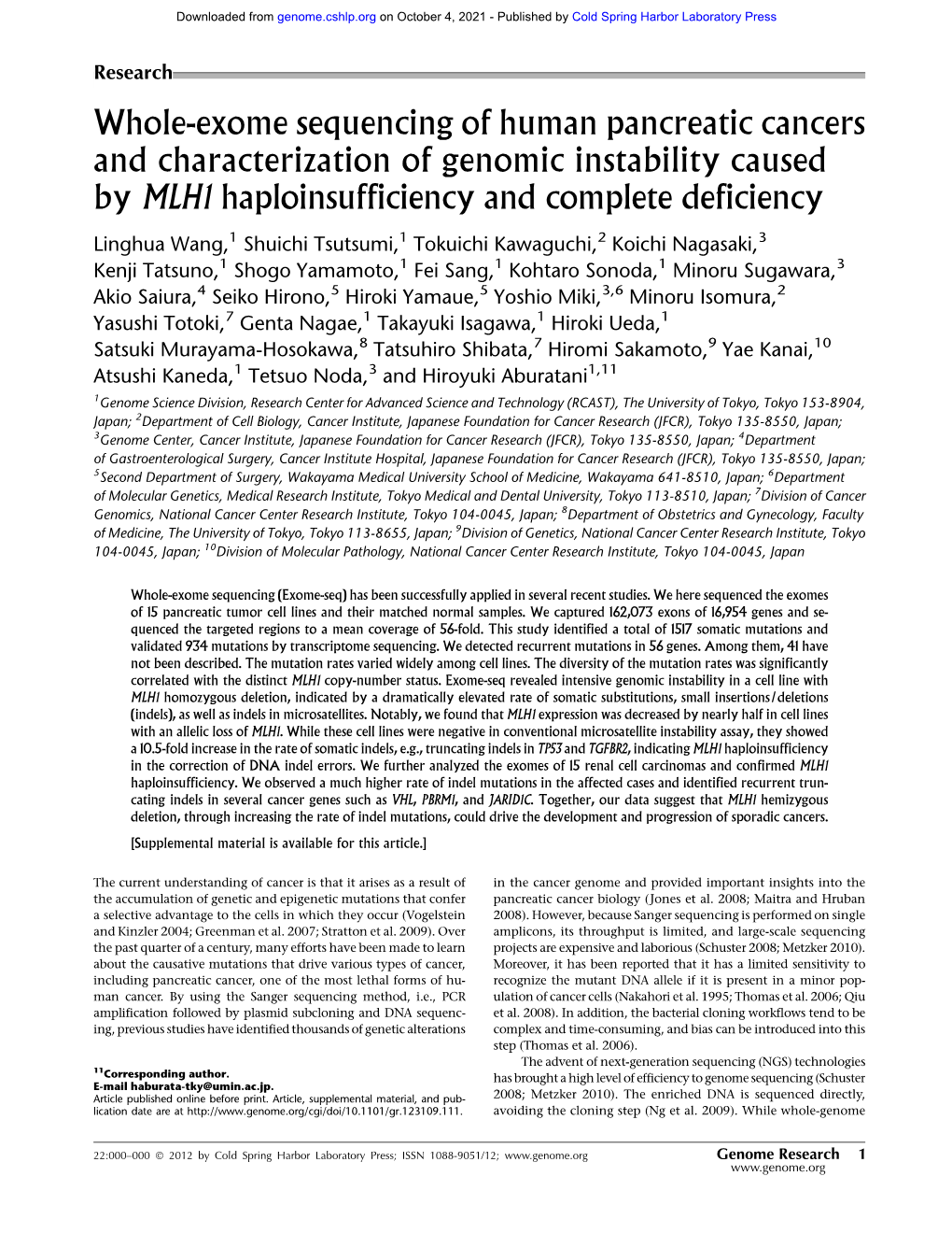 Whole-Exome Sequencing of Human Pancreatic Cancers and Characterization of Genomic Instability Caused by MLH1 Haploinsufficiency and Complete Deficiency