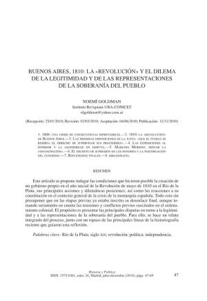 Buenos Aires, 1810: La «Revolución» Y El Dilema De La Legitimidad Y De Las Representaciones De La Soberanía Del Pueblo