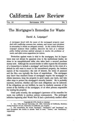 The Mortgagee's Remedies for Waste