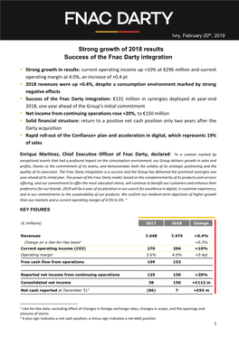 Strong Growth of 2018 Results Success of the Fnac Darty Integration