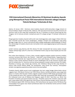 FOX International Channels Menerima 23 Nominasi Academy Awards Yang Memperkuat Posisi FOX International Channels Sebagai Jaringan Televisi Berbayar Terkemuka Di Asia