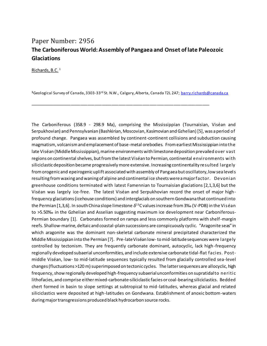 Paper Number: 2956 the Carboniferous World: Assembly of Pangaea and Onset of Late Paleozoic Glaciations