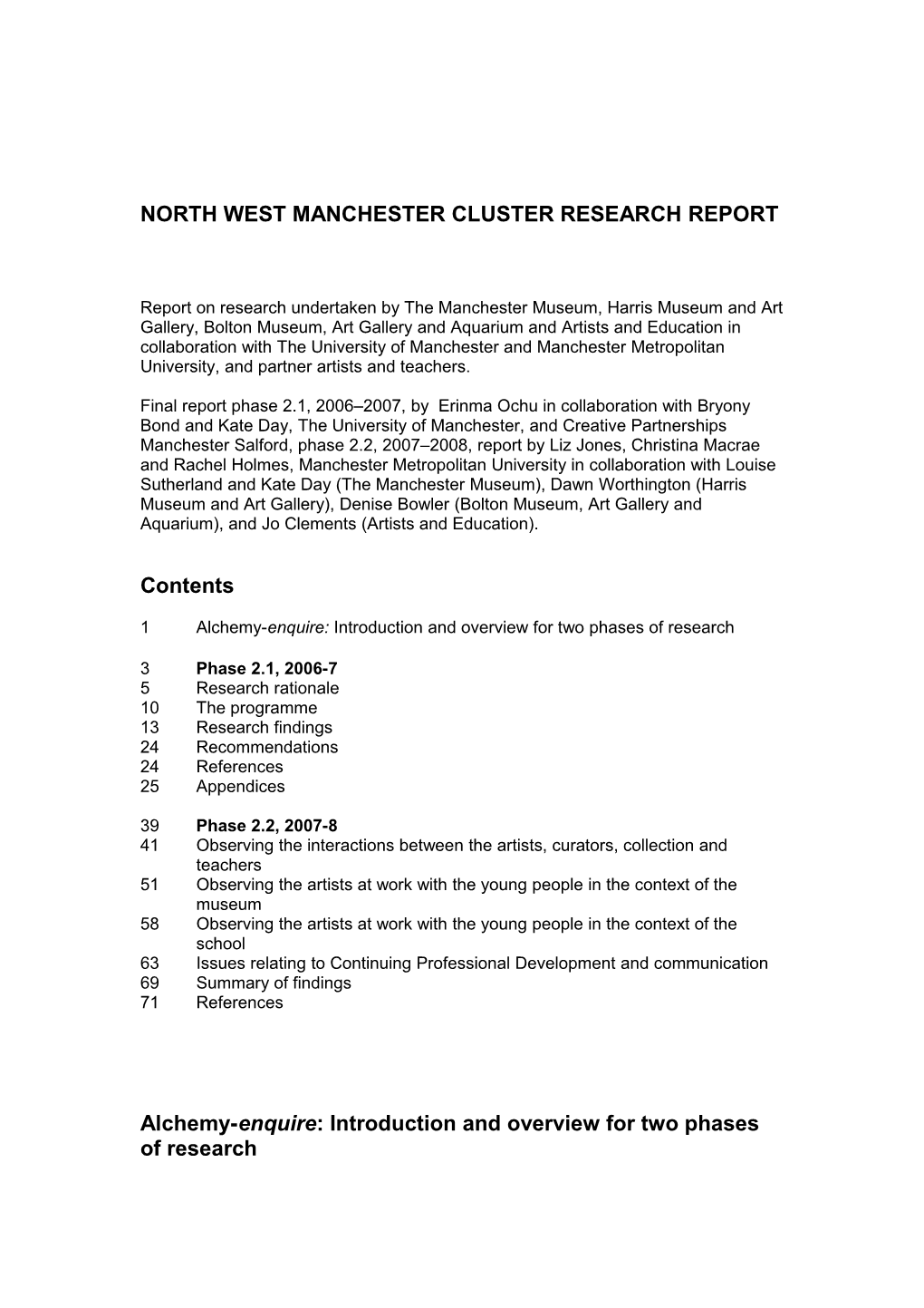 North West Manchester Cluster Research Report