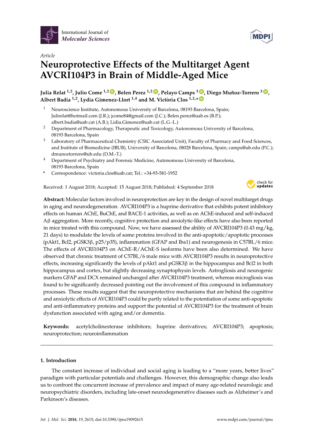 Neuroprotective Effects of the Multitarget Agent AVCRI104P3 in Brain of Middle-Aged Mice