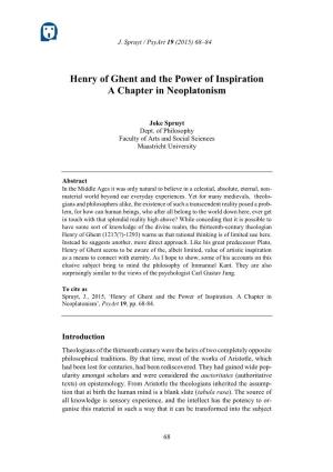 Henry of Ghent and the Power of Inspiration a Chapter in Neoplatonism