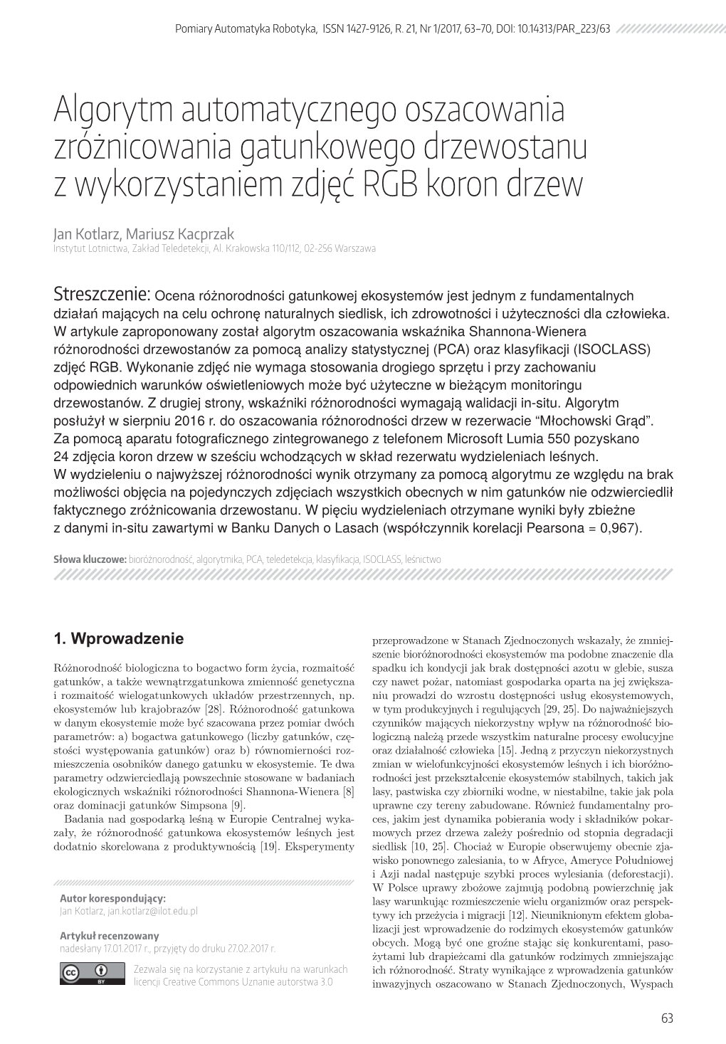 Algorytm Automatycznego Oszacowania Zróżnicowania Gatunkowego Drzewostanu Z Wykorzystaniem Zdjęć RGB Koron Drzew