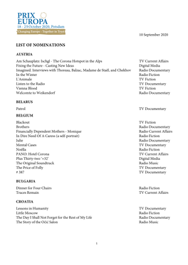 PRIX EUROPA 2020 List of Nominations