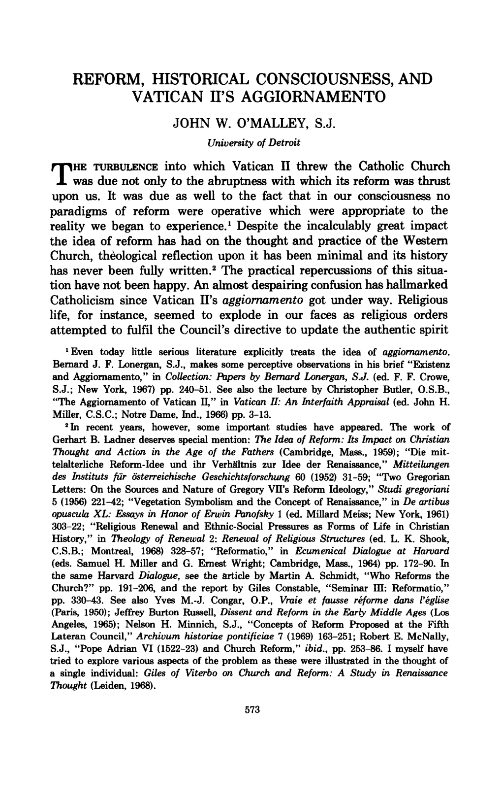 Reform, Historical Consciousness, and Vatican Ips Aggiornamento John W