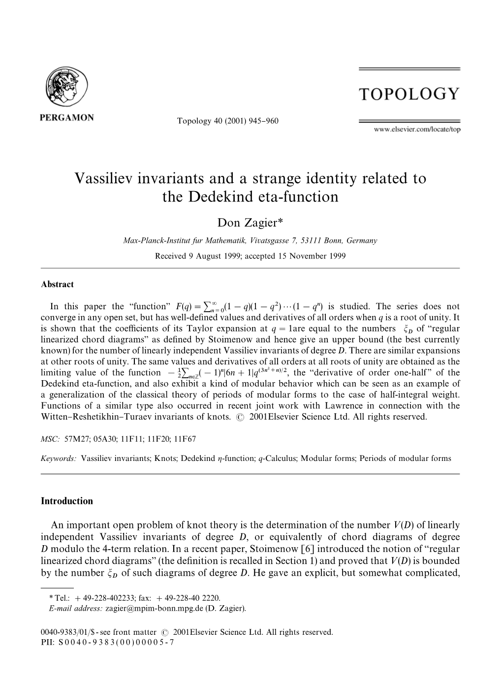 Vassiliev Invariants and a Strange Identity Related to the Dedekind Eta-Function