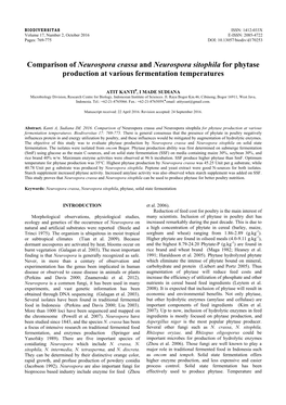 Comparison of Neurospora Crassa and Neurospora Sitophila for Phytase Production at Various Fermentation Temperatures