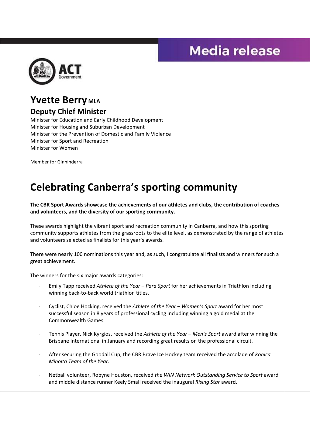 Celebrating Canberra's Sporting Community