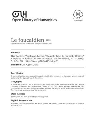 Should Critique Be Tamed by Realism? a Defense of Radical Critiques of Reason." Le Foucaldien 5, No