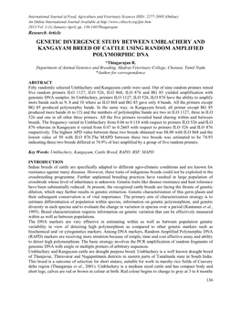 Genetic Divergence Study Between Umblachery and Kangayam Breed of Cattle Using Random Amplified Polymorphic Dna