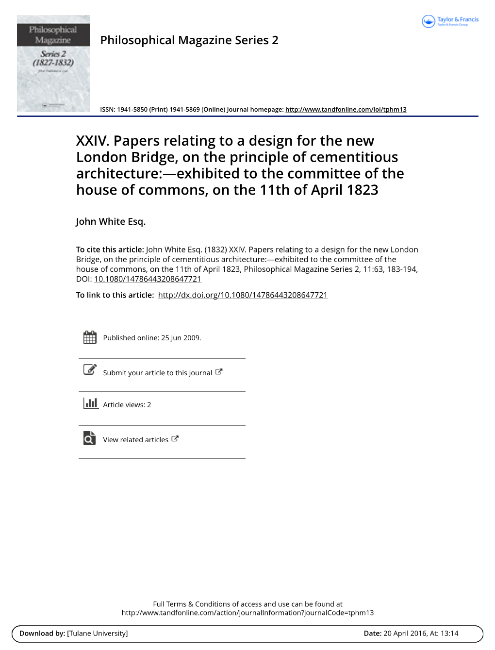 XXIV. Papers Relating to a Design for the New London Bridge, on The