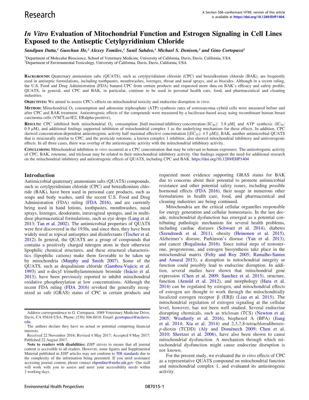 In Vitro Evaluation of Mitochondrial Function and Estrogen Signaling in Cell Lines Exposed to the Antiseptic Cetylpyridinium C