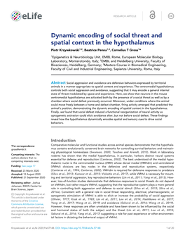 Dynamic Encoding of Social Threat and Spatial Context in the Hypothalamus Piotr Krzywkowski1,2, Beatrice Penna1,3, Cornelius T Gross1*