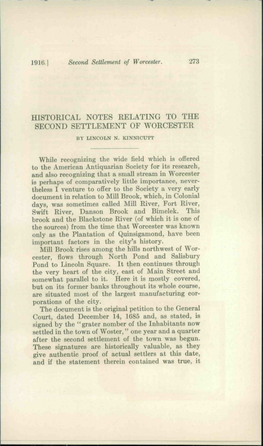 Historical Notes Relating to the Second Settlement of Worcester by Lincoln N