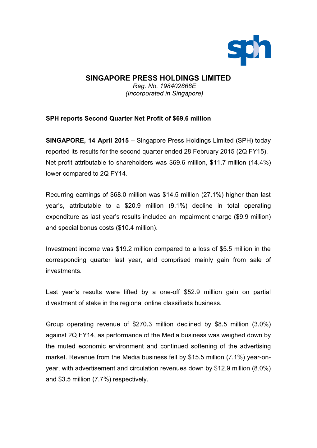 SINGAPORE PRESS HOLDINGS LIMITED Reg