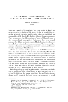 A MANICHAEAN COLLECTION of LETTERS and a LIST of MANI's LETTERS in MIDDLE PERSIAN Werner Sundermann Berlin Mani