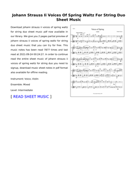 Johann Strauss Ii Voices of Spring Waltz for String Duo Sheet Music