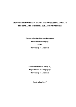 Homeland, Identity and Wellbeing Amongst the Beni-Amer in Eritrea-Sudan and Diasporas