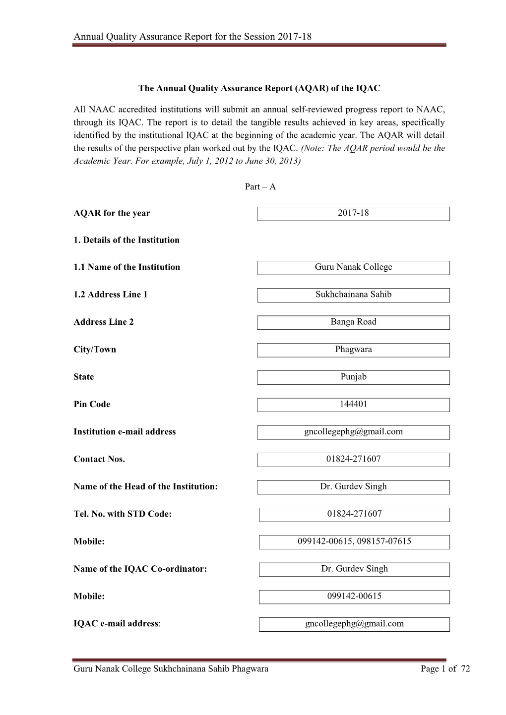 Annual Quality Assurance Report for the Session 2017-18