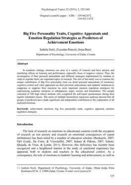 Big Five Personality Traits, Cognitive Appraisals and Emotion Regulation Strategies As Predictors of Achievement Emotions