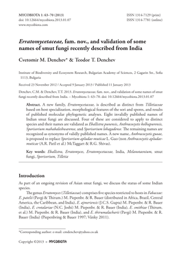 Erratomycetaceae, Fam. Nov., and Validation of Some Names of Smut Fungi Recently Described from India