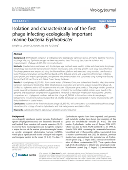 Isolation and Characterization of the First Phage Infecting Ecologically Important Marine Bacteria Erythrobacter Longfei Lu, Lanlan Cai, Nianzhi Jiao and Rui Zhang*