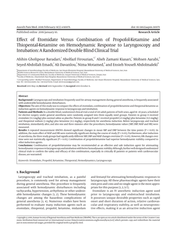 Effect of Etomidate Versus Combination of Propofol-Ketamine