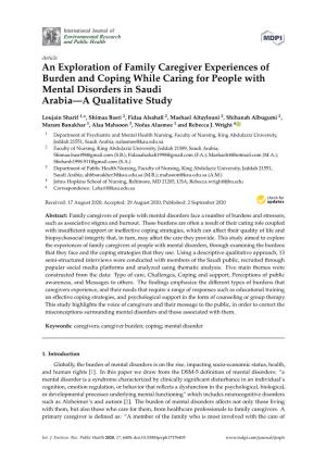An Exploration of Family Caregiver Experiences of Burden and Coping While Caring for People with Mental Disorders in Saudi Arabia—A Qualitative Study