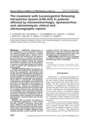 LNG-IUS) in Patients Affected by Menometrorrhagia, Dysmenorrhea and Adenomimyois: Clinical and Ultrasonographic Reports