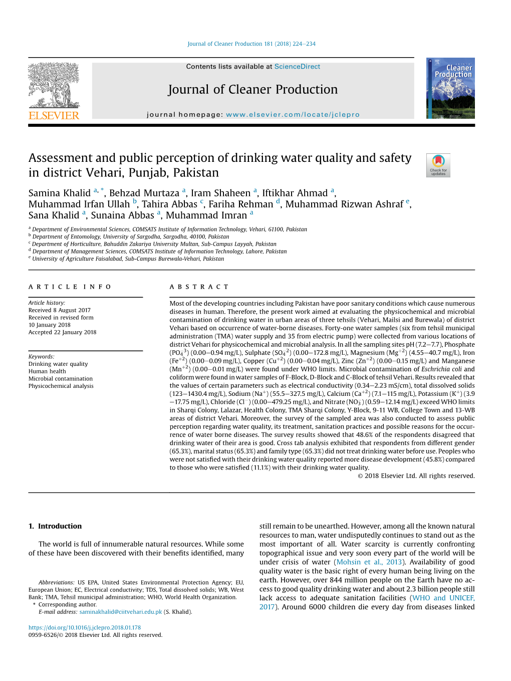 Assessment and Public Perception of Drinking Water Quality and Safety in District Vehari, Punjab, Pakistan