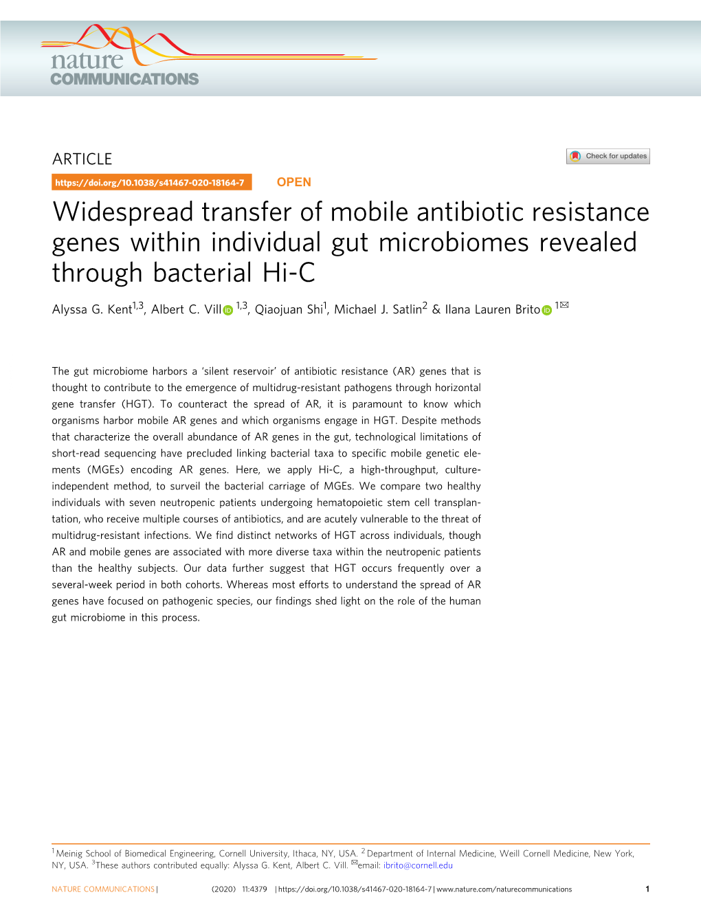 Widespread Transfer of Mobile Antibiotic Resistance Genes Within Individual Gut Microbiomes Revealed Through Bacterial Hi-C ✉ Alyssa G
