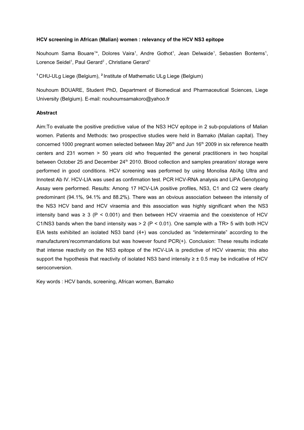 HCV Screening in African (Malian) Women : Relevancy of the HCV NS3 Epitope