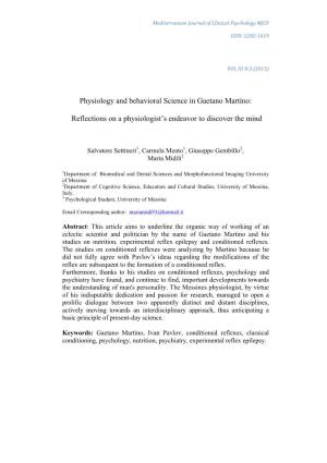 Physiology and Behavioral Science in Gaetano Martino: Reflections on A