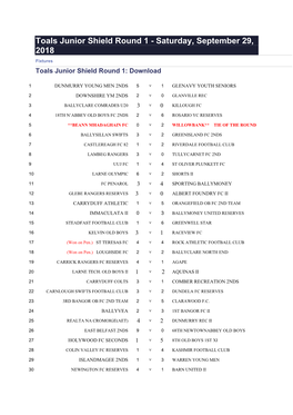 Toals Junior Shield Round 1 - Saturday, September 29, 2018 Fixtures