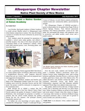 Albuquerque Chapter Newsletter Native Plant Society of New Mexico Volume 3, Number 3 July-September 2011