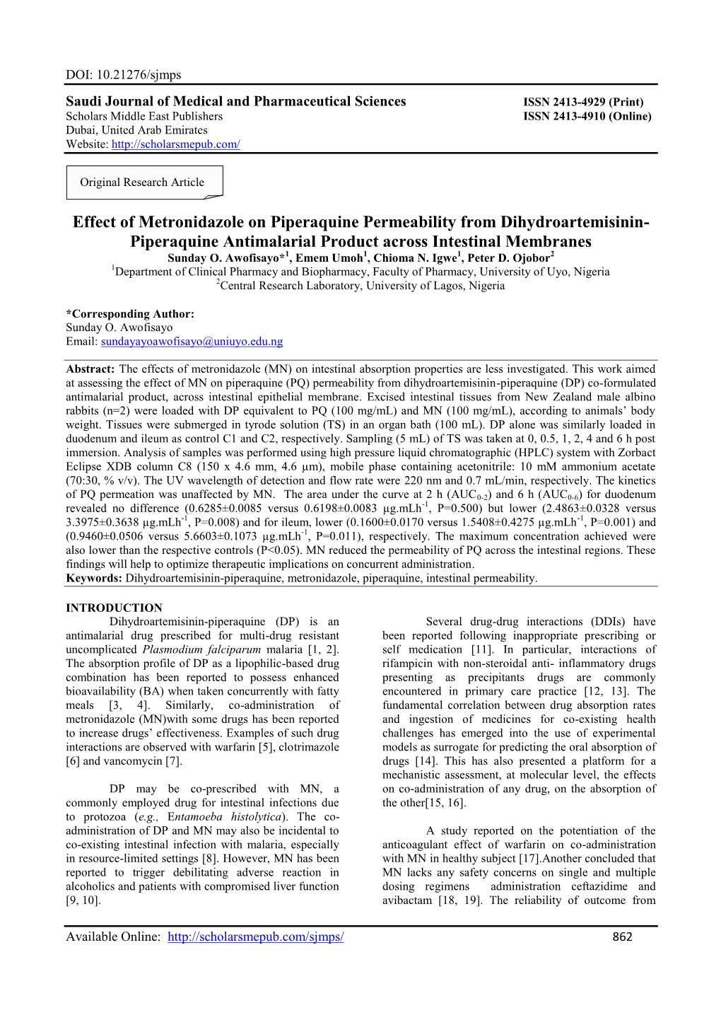 Piperaquine Antimalarial Product Across Intestinal Membranes Sunday O