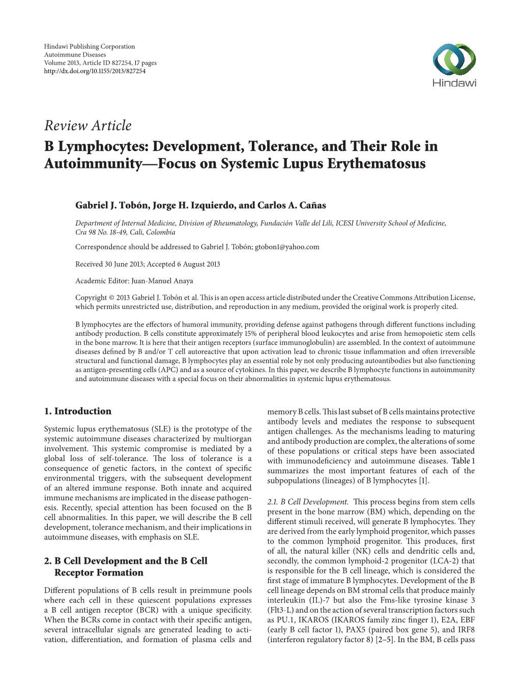 Review Article B Lymphocytes: Development, Tolerance, And Their Role In ...