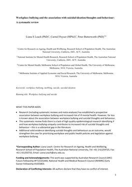 Workplace Bullying and the Association with Suicidal Ideation/Thoughts and Behaviour: a Systematic Review