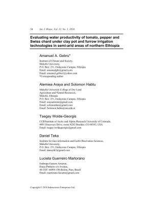 Evaluating Water Productivity of Tomato, Pepper and Swiss Chard Under Clay Pot and Furrow Irrigation Technologies in Semi-Arid Areas of Northern Ethiopia
