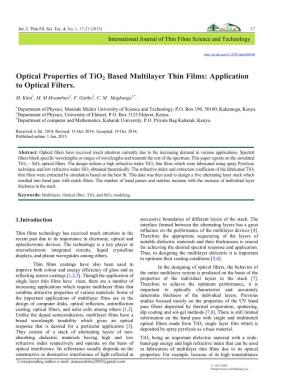 Optical Properties of Tio2 Based Multilayer Thin Films: Application to Optical Filters