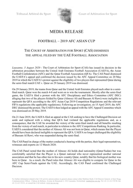 CAS Dismisses the Appeal Filed by the UAE Football