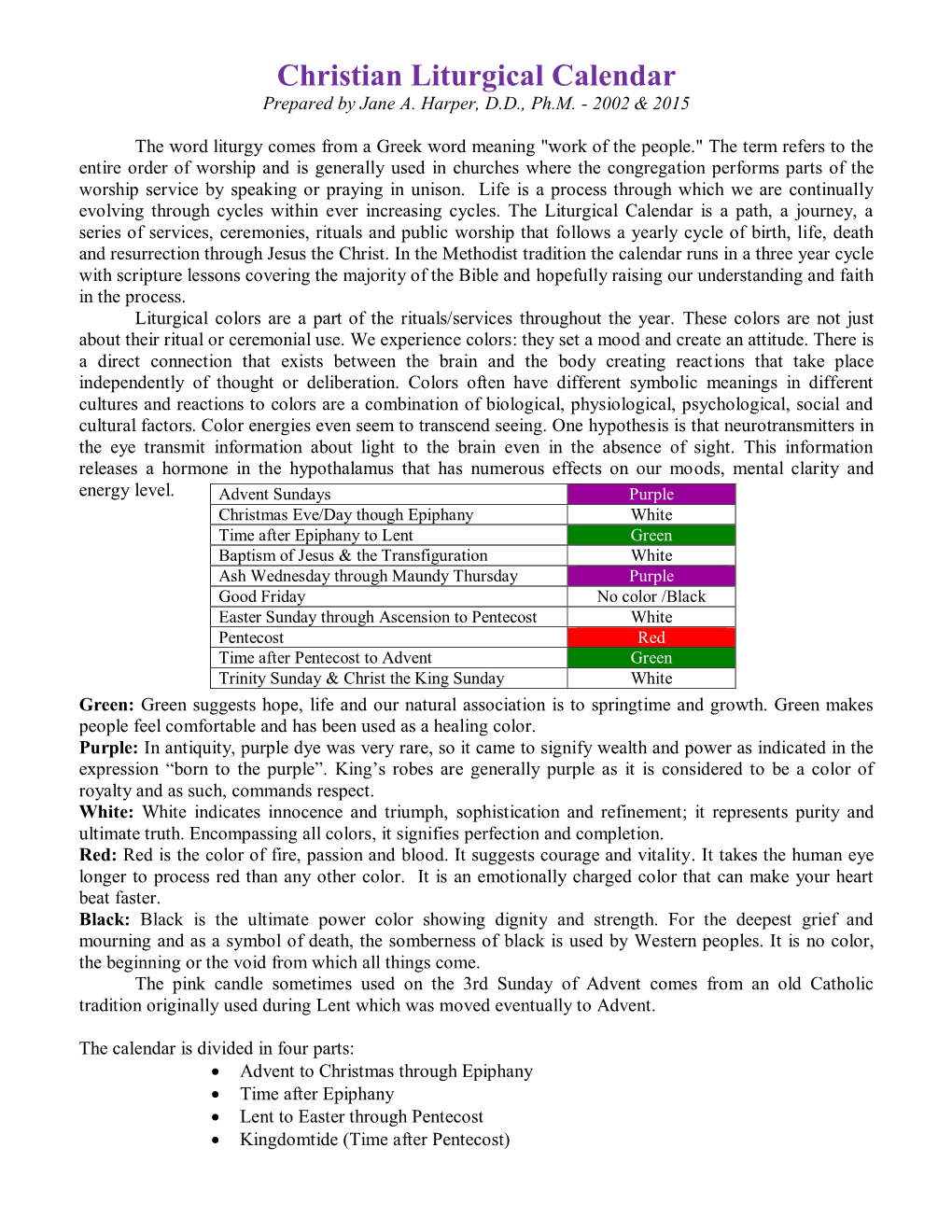 Christian Liturgical Calendar Prepared by Jane A