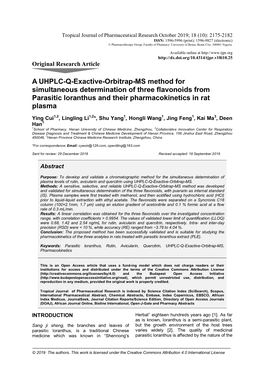 A UHPLC-Q-Exactive-Orbitrap-MS Method for Simultaneous Determination of Three Flavonoids from Parasitic Loranthus and Their Pharmacokinetics in Rat Plasma