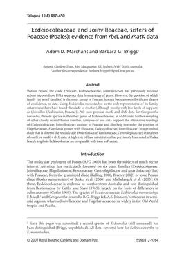 Ecdeiocoleaceae and Joinvilleaceae, Sisters of Poaceae (Poales): Evidence from Rbcl and Matk Data