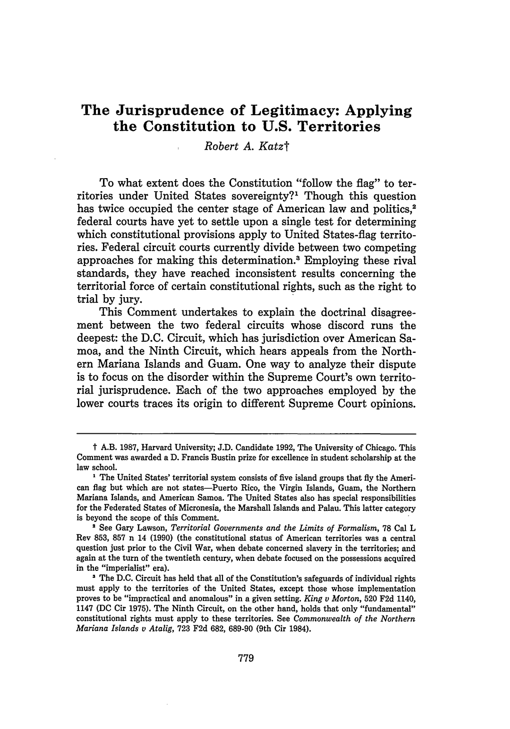 The Jurisprudence of Legitimacy: Applying the Constitution to U.S. Territories Robert A