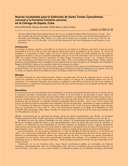 Nuevas Localidades Para La Gallinuela De Santo Tomás Cyanolimnas Cerverai Y La Ferminia Ferminia Cerverai, En La Ciénaga De Zapata, Cuba