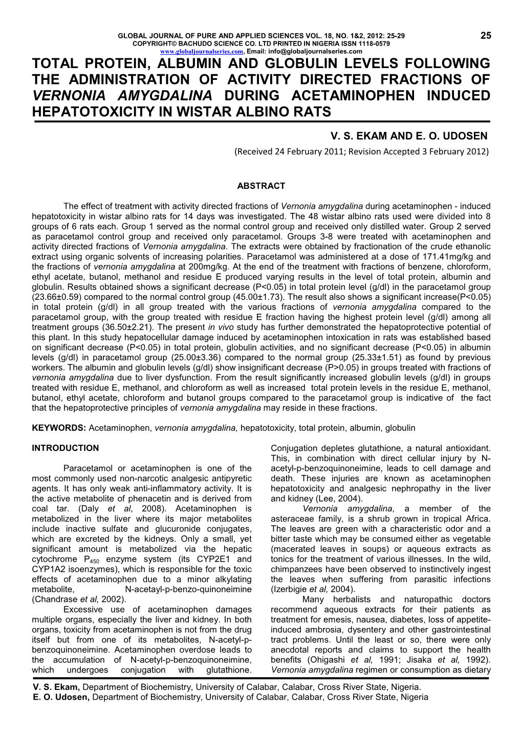 Total Protein, Albumin and Globulin Levels Following